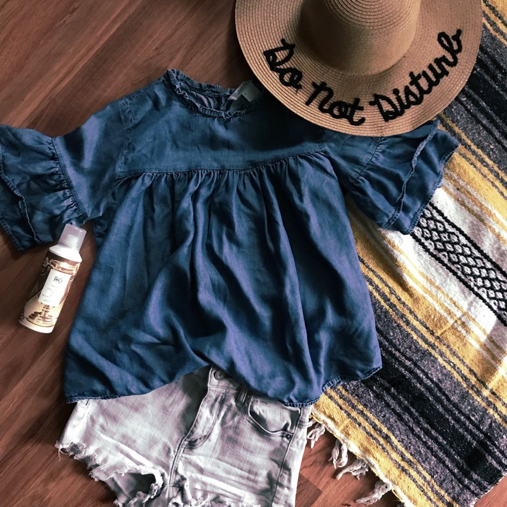 DizzyLizzy denim ruffle bell sleeve top chambray